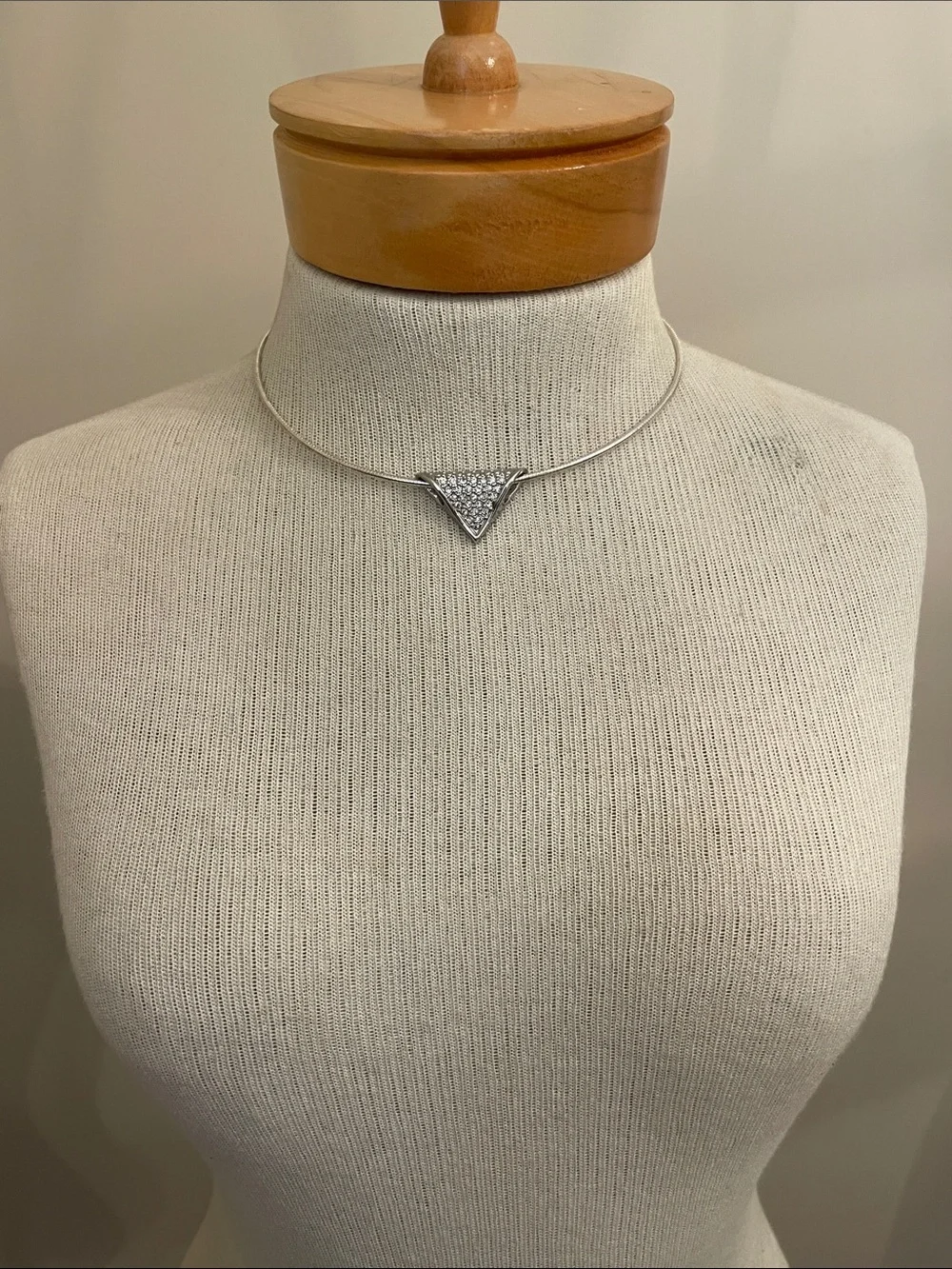 Vintage Silver-tone Wire Necklace with Pave Rhinestone Triangle Pendant - Slide